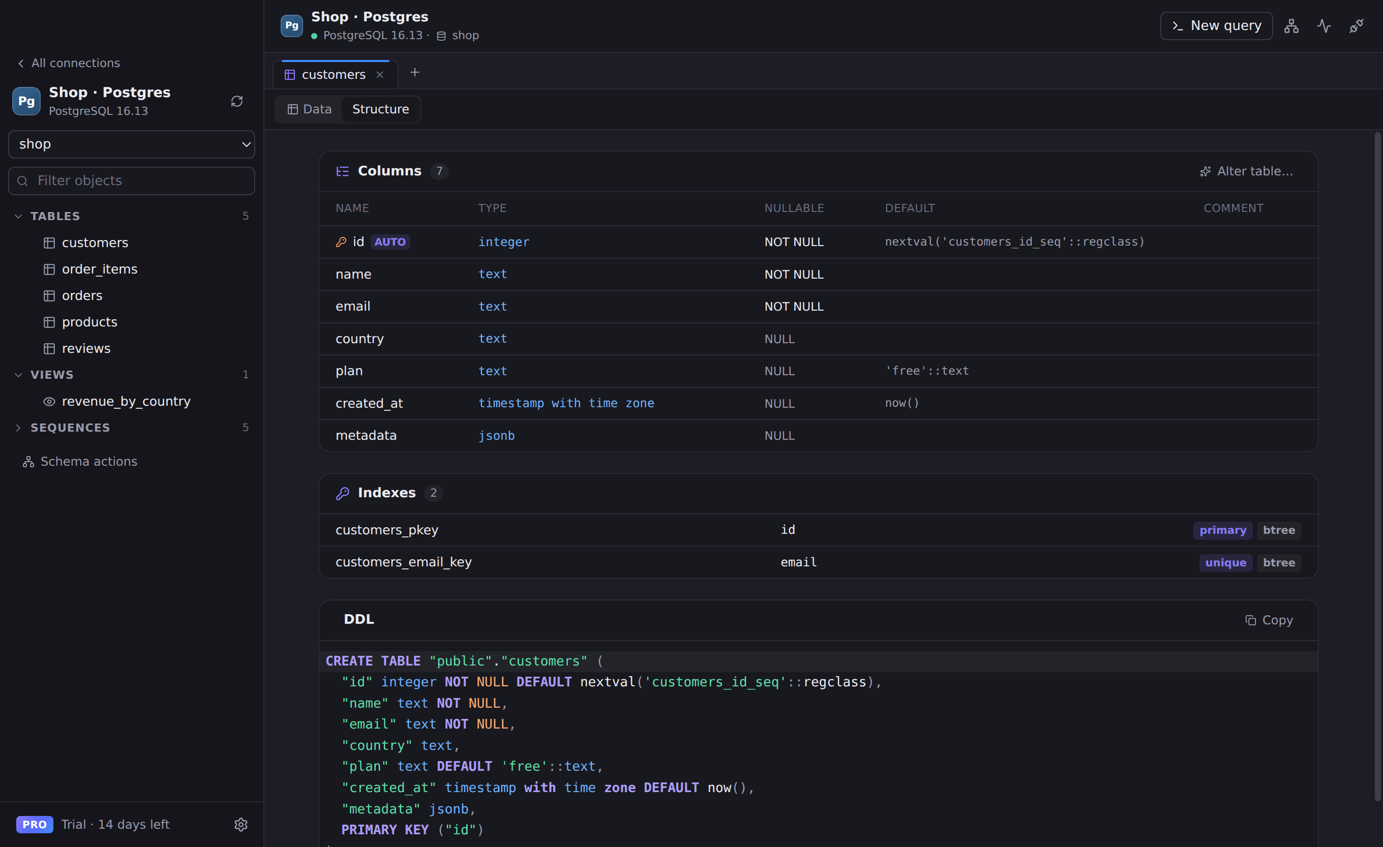 Rowwright showing table structure with columns, indexes and DDL
