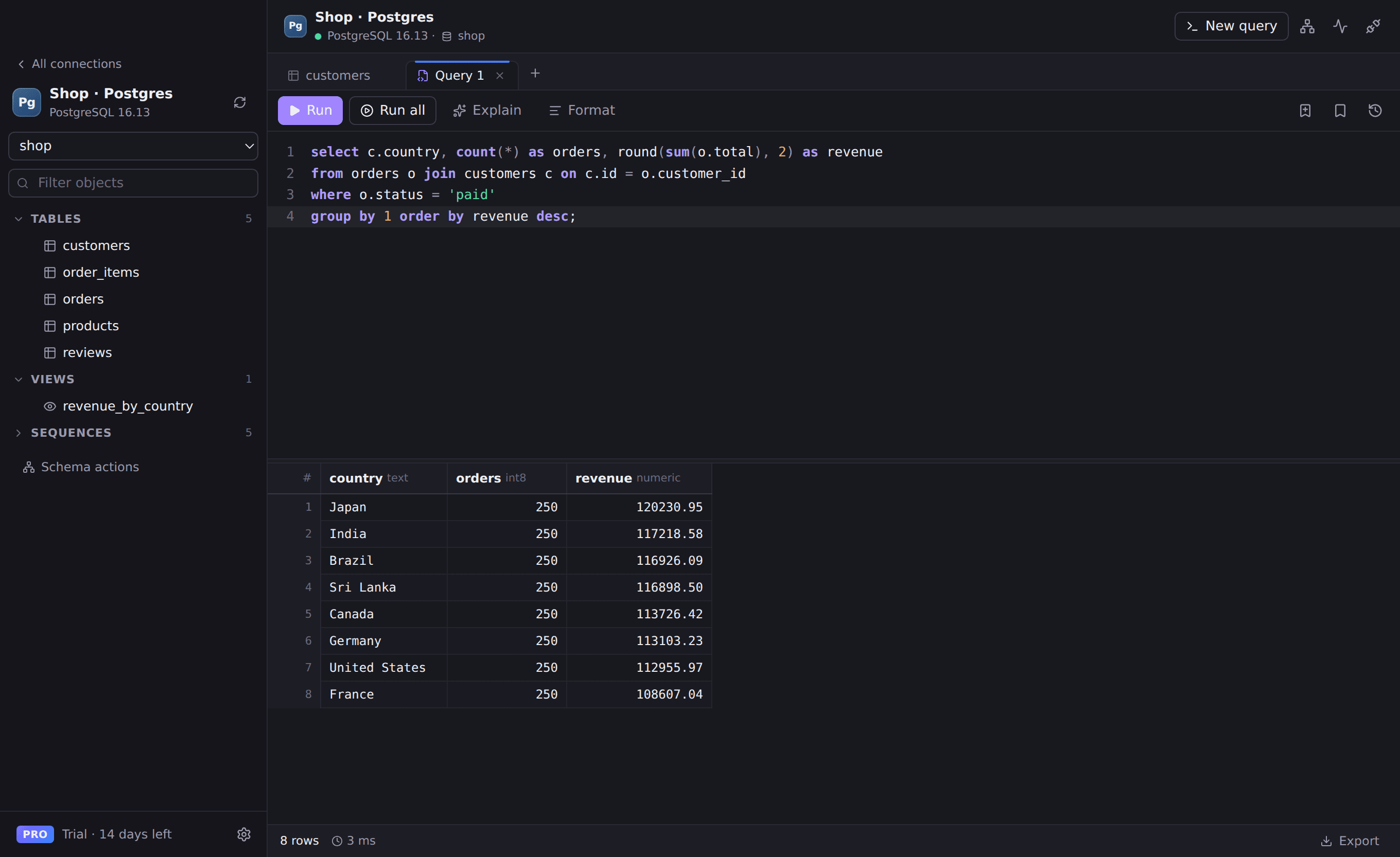 Rowwright SQL editor with query results