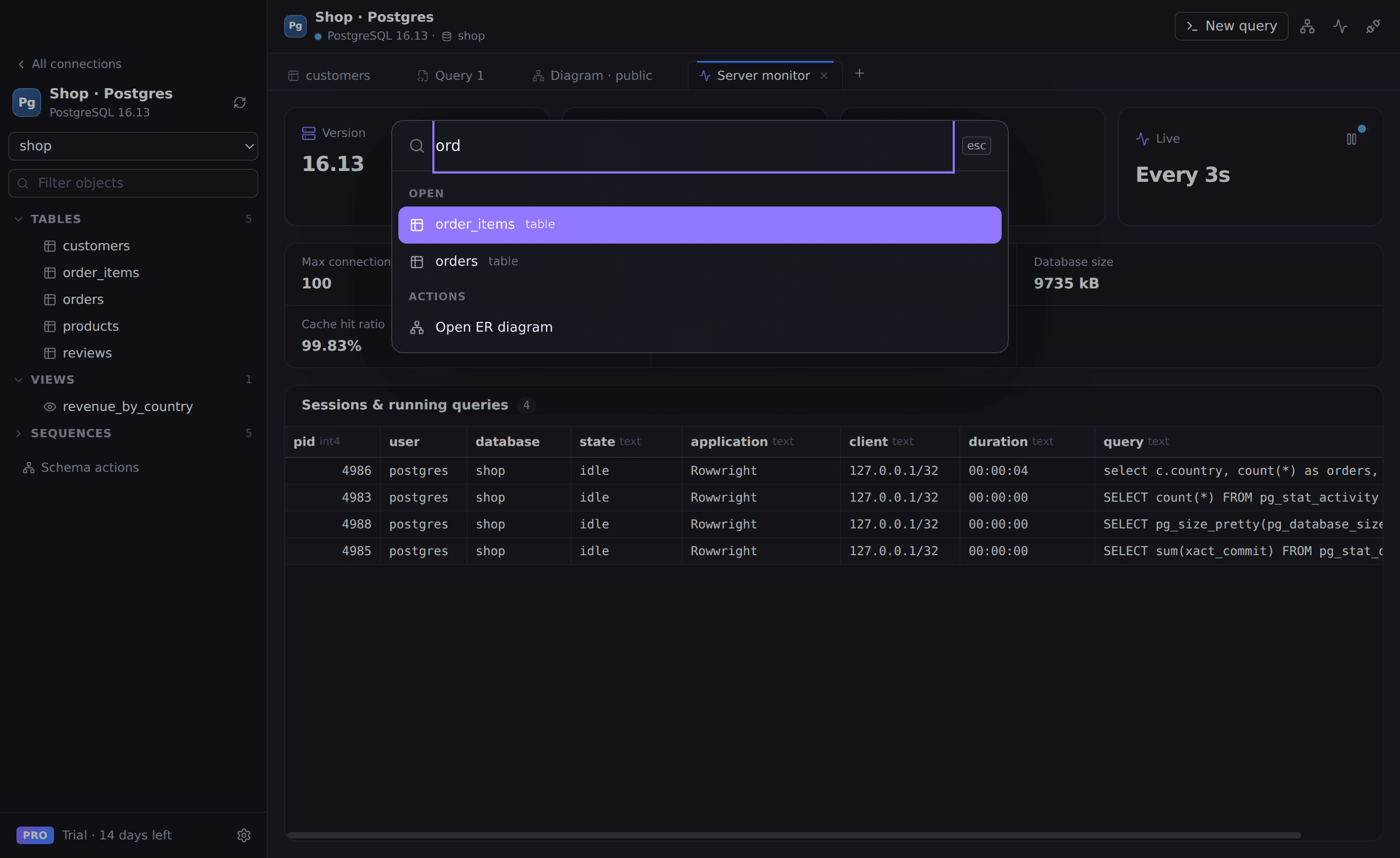 Rowwright command palette for quickly opening collections and tables