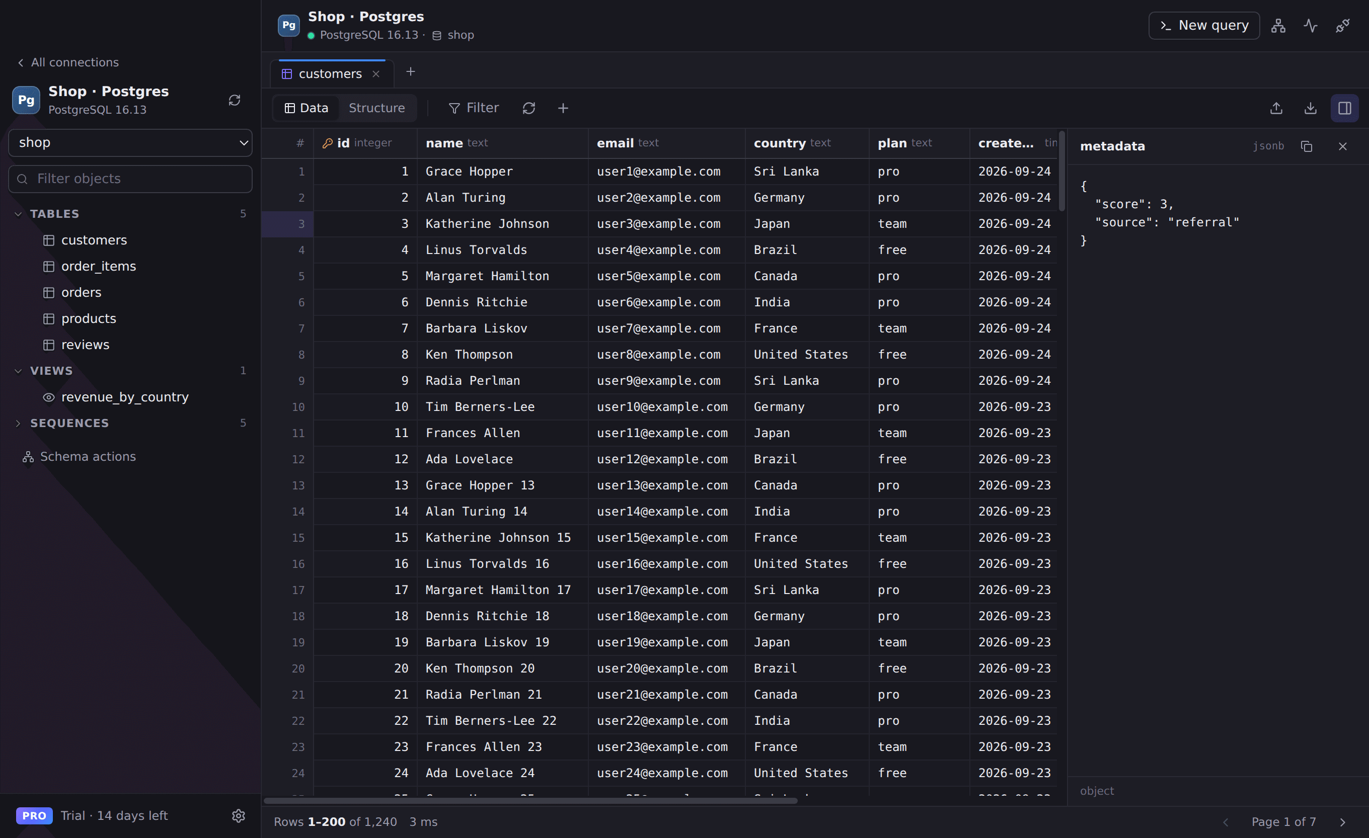 Rowwright showing a PostgreSQL customers table with a JSON value inspector